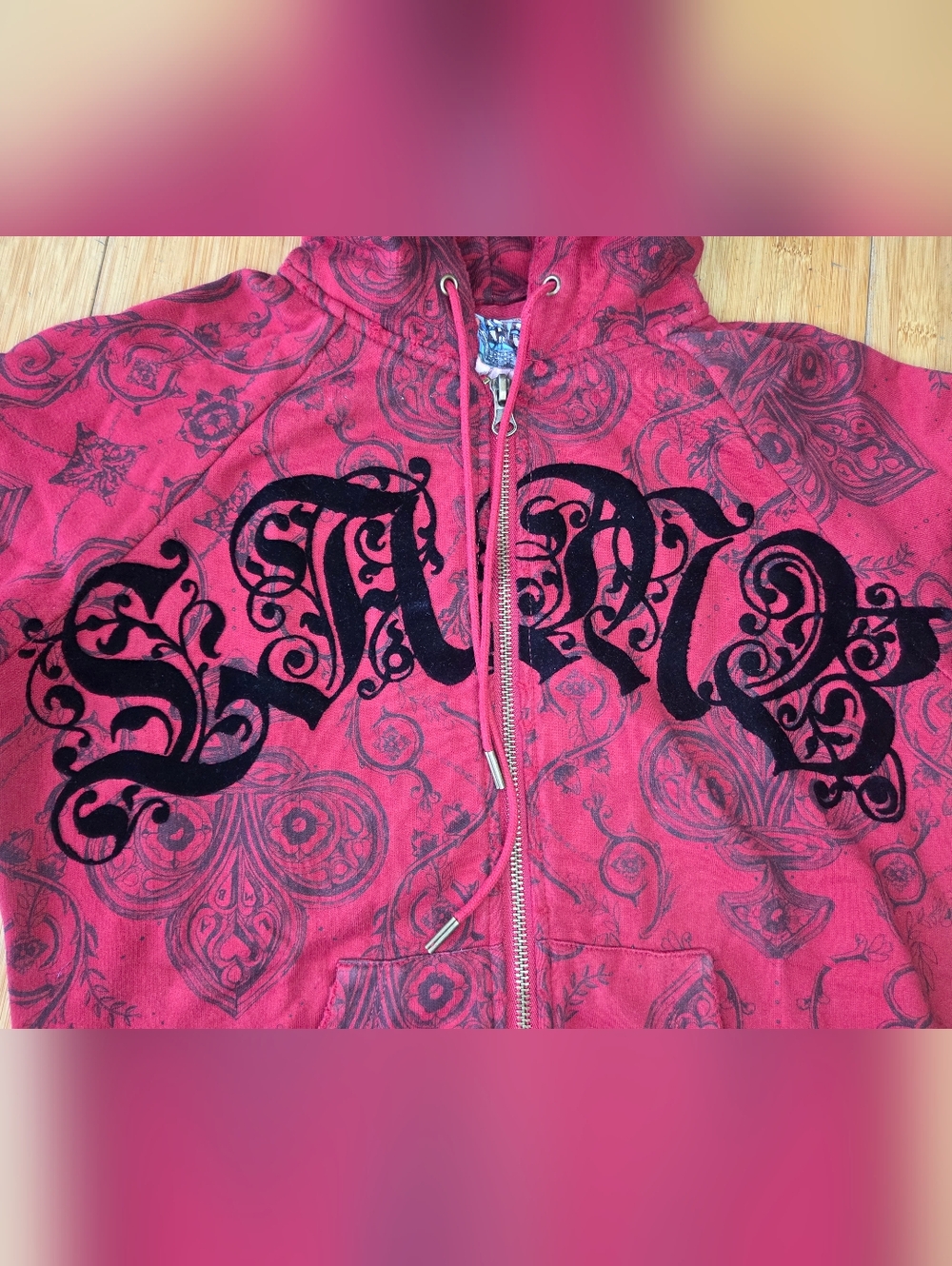 L.A.M.B By Gwen Stefani Red Group Fleece Zip-Up Gothic Hoodie with Black Flock S - Picture 2 of 7